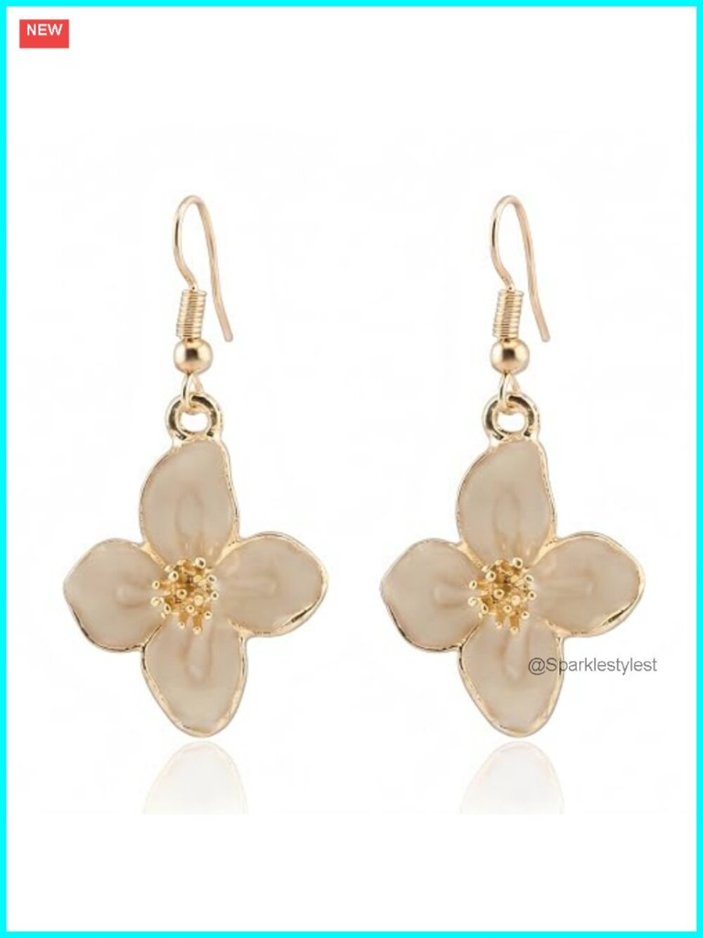 Gold Plated Enamel Cherry Blossom Drop Earrings Fish Hook Floral Gift